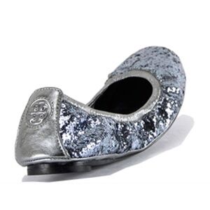 TORY BURCH Eddie Pewter Leather Glitter Ballet Flats